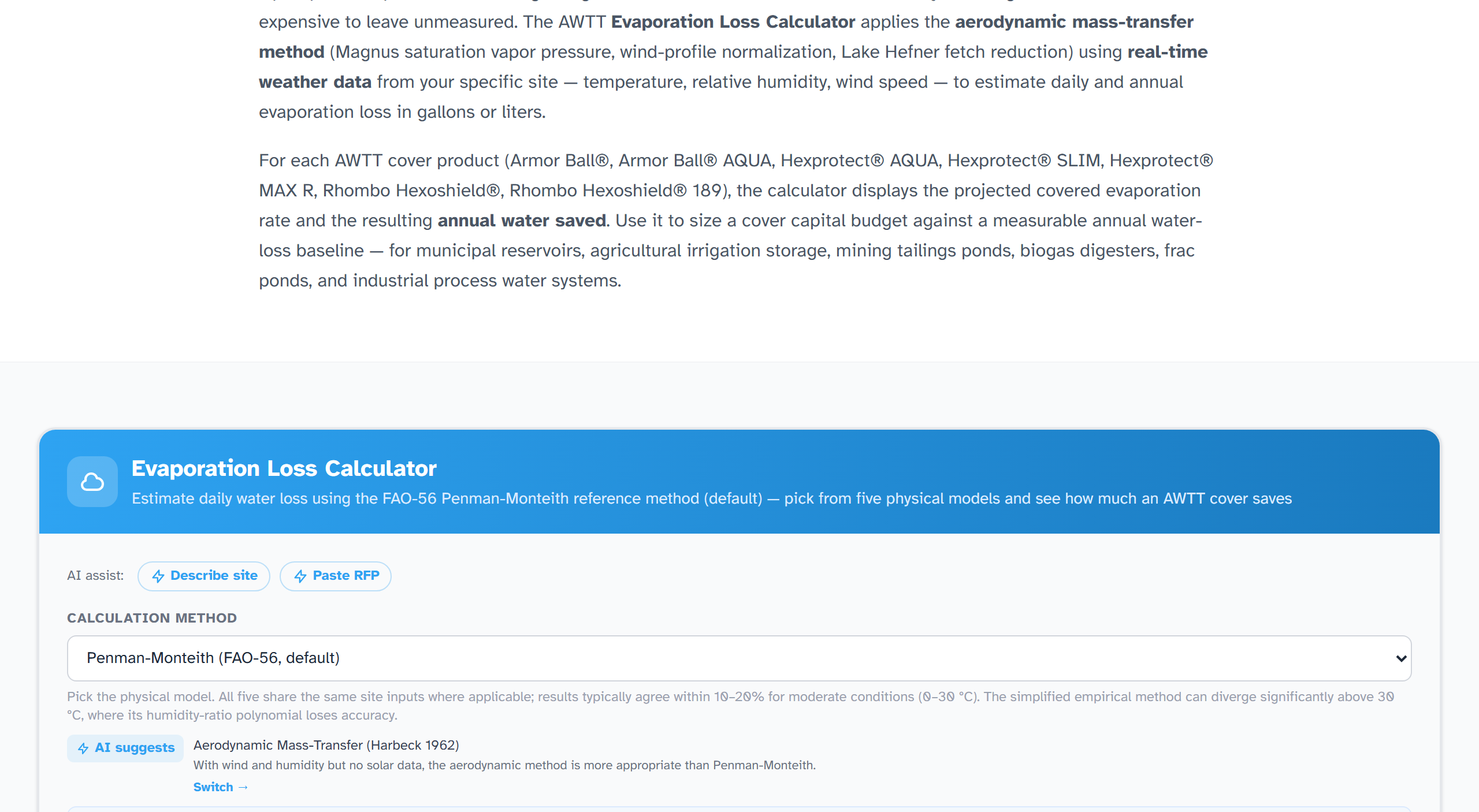 AWTT Pond Evaporation Rate Calculator showing inputs for water surface area, location, sun and wind exposure, and outputs for daily evaporation rate, annual water loss, and Hexprotect AQUA cover savings.
